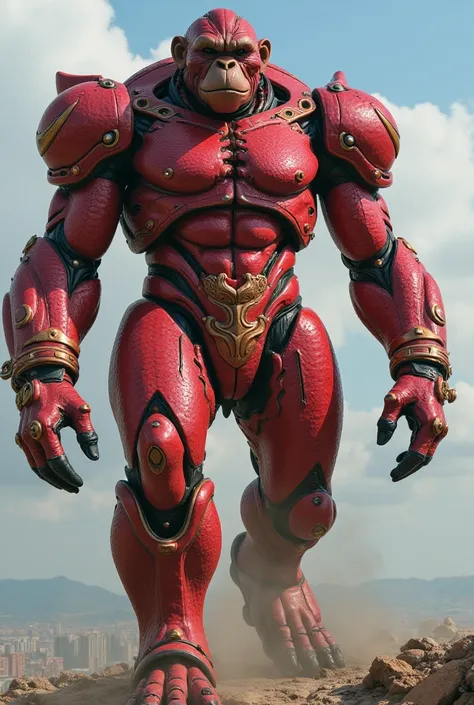 Create a full-body, realistic, and highly detailed image of A creature Evangelion, red metallic scaled skin texture, Hanuman Asian style, fifty meters tall.