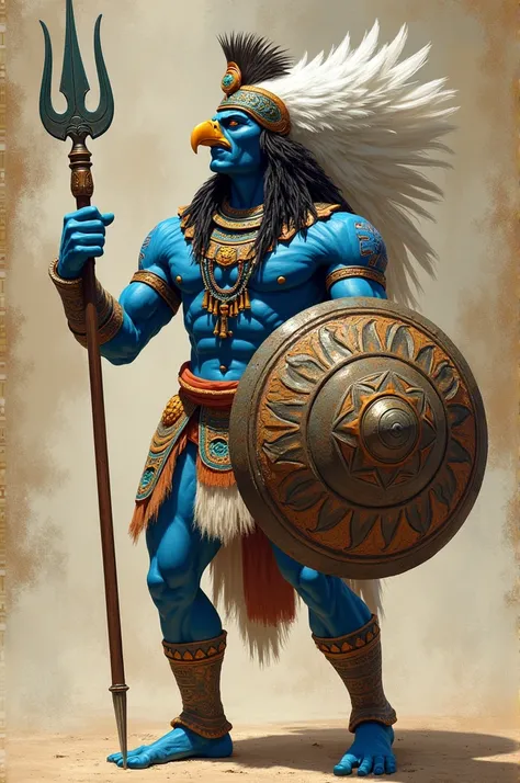 Draw Huitzilopochtli his blue body, the face of Shiva with a stone shield from the sun, Maya Tonatiuh in the front of the shield and in the other hand a spear with a trident of Shiva on the tip, that Huitzilopochtli has a hat with the head of a white eagle...