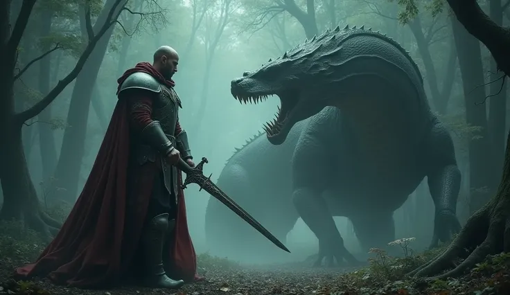 High quality HD video Generated,"A brave king wielding a shining sword, battling a giant serpent amidst the foggy, menacing environment of the dark forest."

