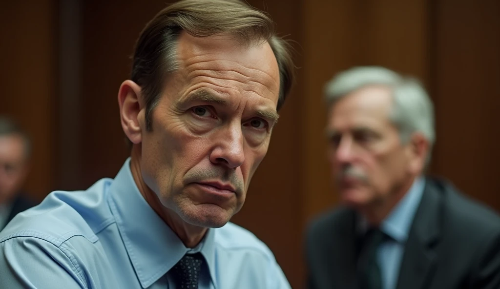 A close-up half-body shot of Bob Woodward, a white male in his early 30s with short brown hair, wearing a light blue dress shirt and dark tie, A close-up half-body shot of Bob Woodward with a determined expression, watching as James McCord, a middle-aged w...