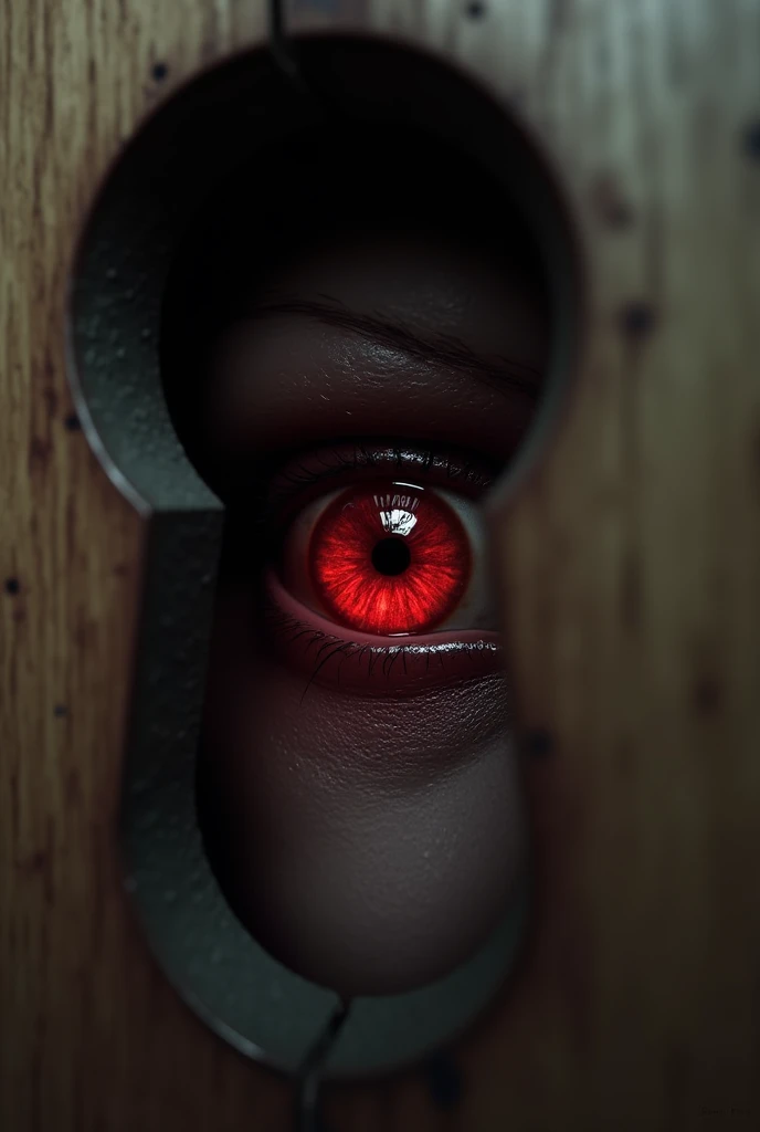 Red eye without a pupil looking out of a door keyhole