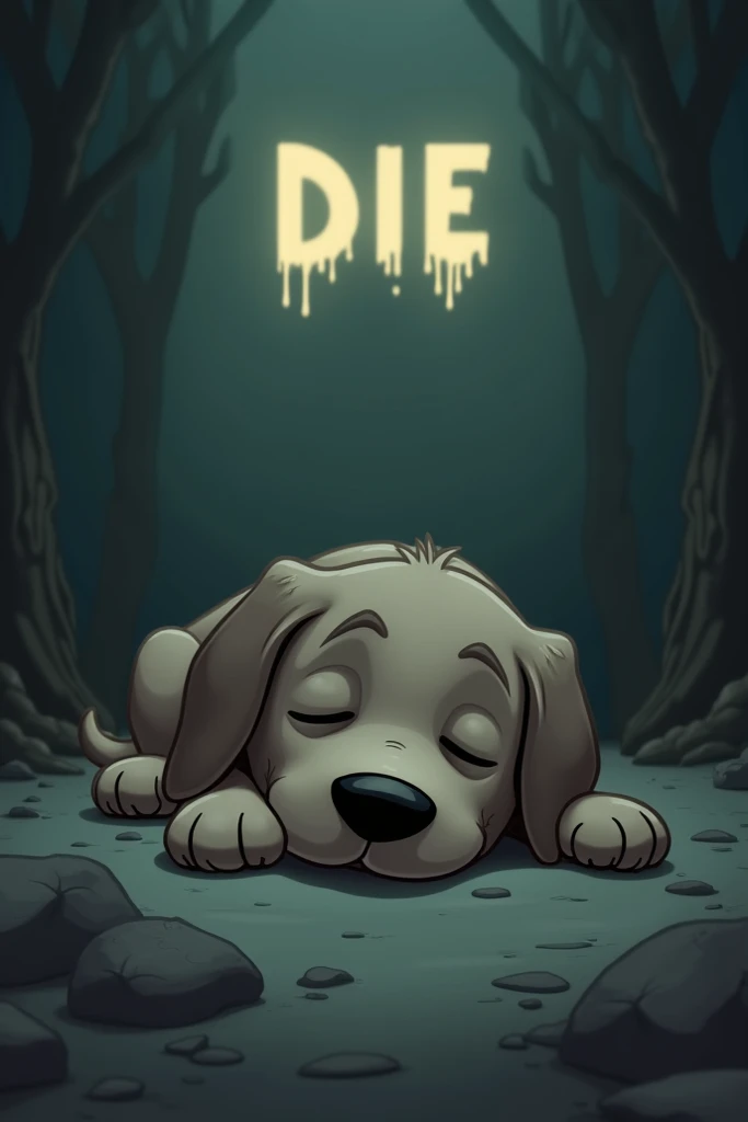 Dead cartoon dog with closed eys. Print the word DIE in uppercase on the top of the image