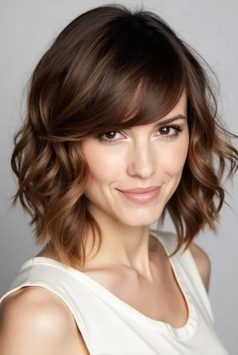 Lob (Long Bob) with Side-Swept Bangs
A lob that hits just above the shoulders can elongate the neck and soften the cheekbones. Adding side-swept bangs or wispy fringes can break up the angular lines of a diamond face shape.
Styling tip: Layers that add mov...