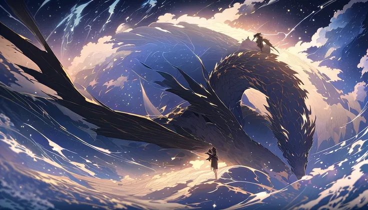 Anime style, fantasy, adventure. A black-haired man is firmly seated astride a dragon, approximately 5 meters long, with realistic proportions. The man holds onto the dragon’s neck or a saddle for balance, leaning slightly forward as the dragon soars dynam...