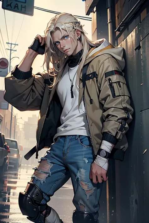 ((masterpiece)), (((best quality))), solo, 1 male, apocalyptic world, pale white skin, platinum blonde hair, ((shoulder-length hair)), ((straight loose hair)), completely straight hair, side part, handsome young man, blue eyes, lean, tall, thick thighs, ti...