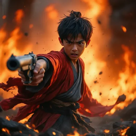  and hold the Fangtian Pistol in your hand，Chill and shine，Strike an aggressive stance，Wearing a shabby cloak， has the word “Qin” written on his clothes，Fierce expression，grimace in pain，3d cartoon，Half-body boy ，Angry flames as background