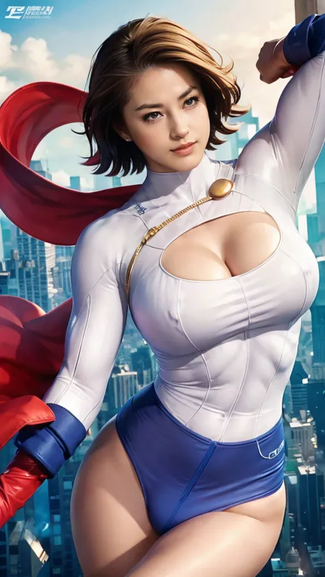 1 woman, japanese actress matsumoto wakana , power girl,  dc comics hero , 彼女は詳細なpower girlのコスチュームを着ている, 詳細なdcコミックスのヒロインのpower g...