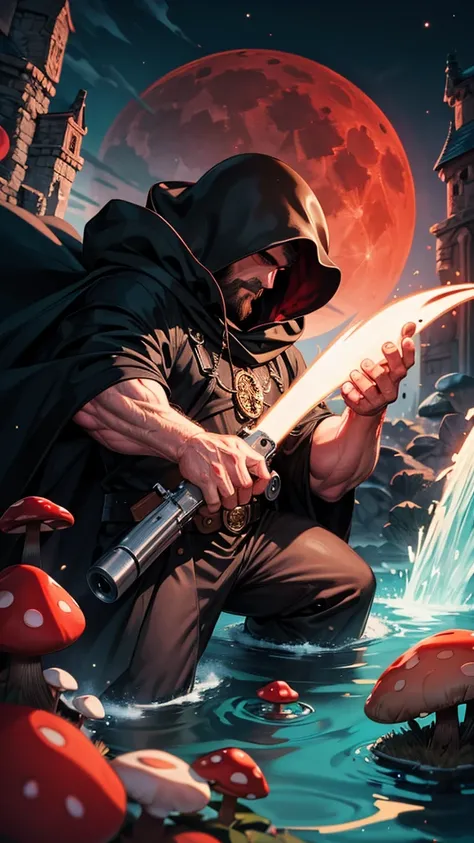 A mushroom man, a muscular man, holding a gun, a black cloak, smoking a water bath, on a red full moon night