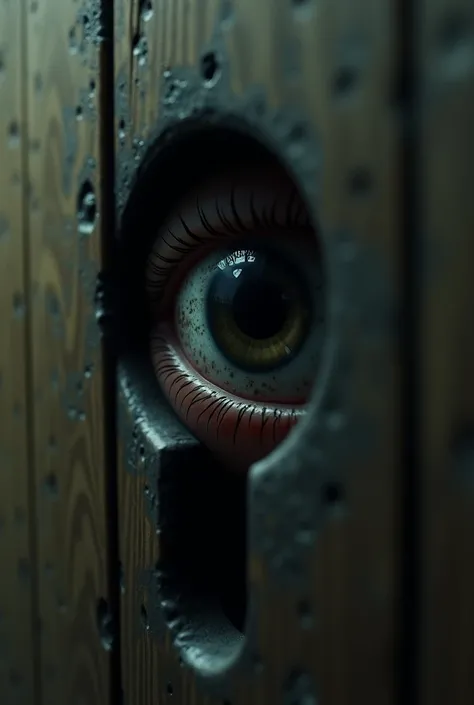 Eye without a red pupil looking out of a door keyhole