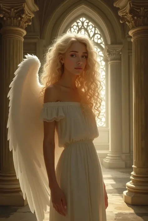 Beautiful angel with curly hair and a delicate face in a castle as painted by an old master 