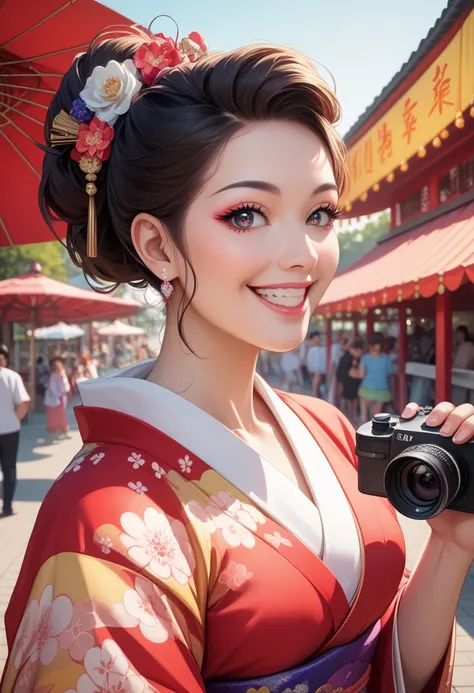 look at camera,(((top quality, 8k, masterpiece))), crisp focus, (beautiful woman with perfect figure), slender, (hairstyle: up)), ((kimono: Kara)), street: 1.2 Highly detailed face and skin texture Detailed eyes Double eyelids random posture, (smile),super...