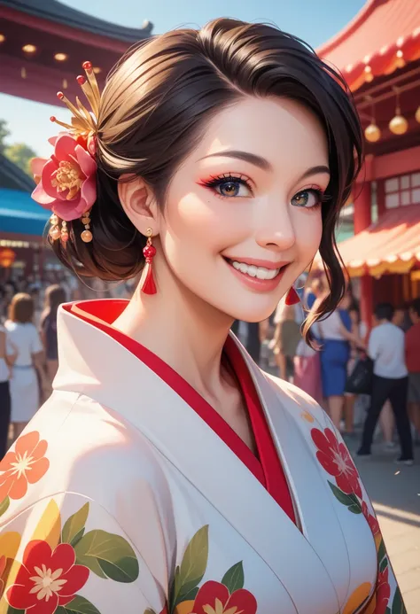 look at camera,(((top quality, 8k, masterpiece))), crisp focus, (beautiful woman with perfect figure), slender, (hairstyle: up)), ((kimono: Kara)), street: 1.2 Highly detailed face and skin texture Detailed eyes Double eyelids random posture, (smile),super...