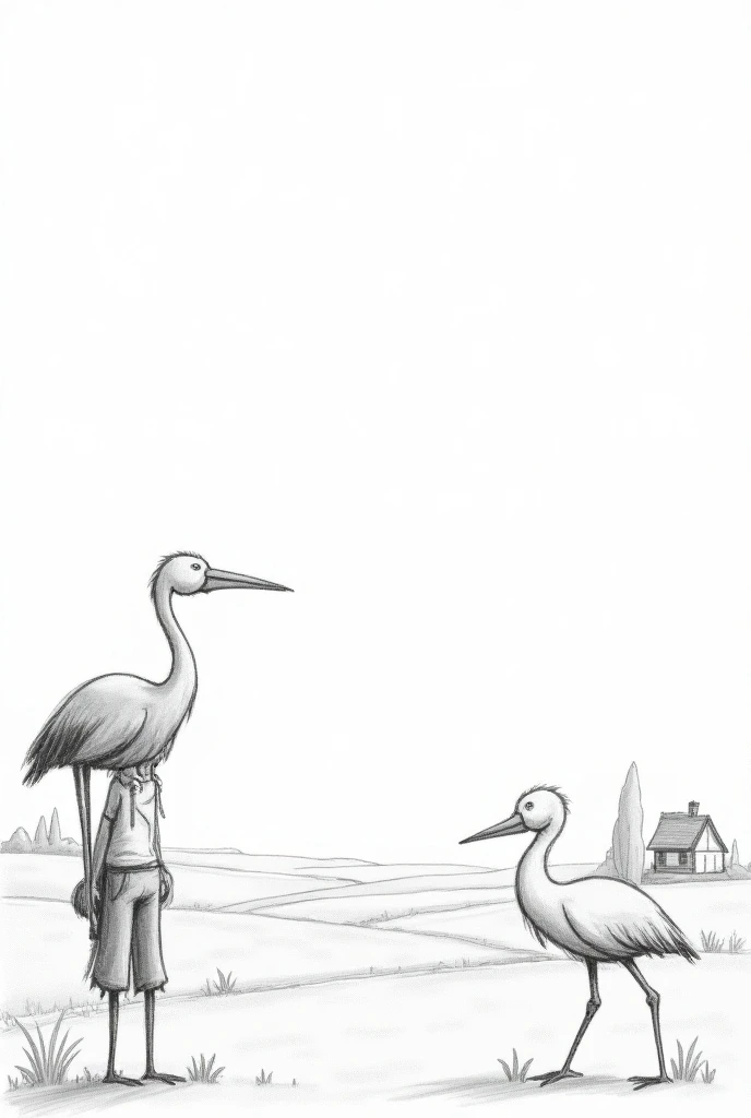 Make ma a drawing about the story "The farmer and the stork" like the sketch by a pencil no colors and make it easy to draw for beginners to copy and dont make the background empty dont make it like ai did it.  Make it landscape 