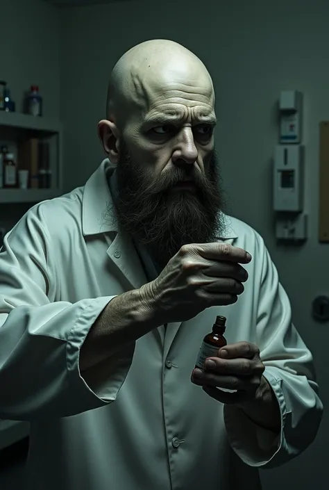 Black bald doctor who looks dead, with beard and applying minoxidil on his scalp