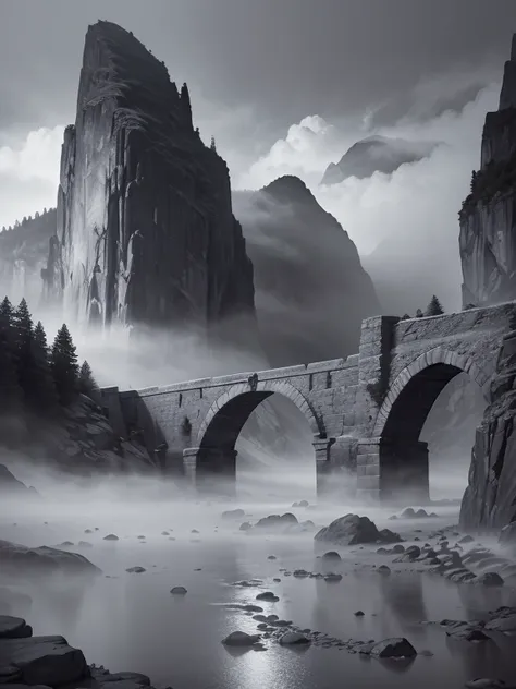 a majestic ancient stone bridge in a misty mountain valley, beautiful detailed stone bridge, detailed ancient stone architecture, detailed fog effects, intricate stone carving, picturesque landscape, dramatic lighting, moody atmosphere, (best quality,4k,8k...