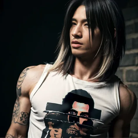 1 man, Japanese man, male, Asian eyes, muscular, broad shoulders,  tattoos, hairstyle Visual Kei style, hair Visual Kei, black mens t-shirt and black pants, ultra detailed face and eyes, hyperrealistic, realistic representation, long hair, long hair, 30 ye...