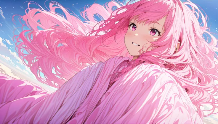 (masterpiece, Highest quality, Official Art:1.2), Turning around and looking at the audience, One Girl, alone, (pink long hair, layered hair) and (pink eyes), Sky Background, spreading clouds, Ultra-fine illustrations, highly detailed, Dynamic Angle, beaut...