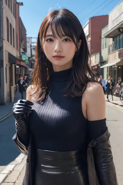 (8k, RAW Photo, Highest Quality, High Resolution:1.1), (ultra-realistic:1.4),(Realistic, Realistic:1.3),Japanese Beauty, Outdoors, A girl wearing an elegant dark violet long coat, a knit top and a houndstooth mini skirt, pumps,((Upper Body Position Street ...