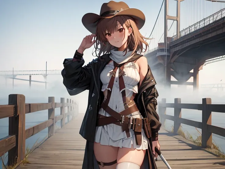 An old bridge shrouded in fog , masterpiece:1.5,  cowboy shot, masterpiece:1.5, masterpiece, highest quality, (Misaka Mikoto), UHD, retina, masterpiece, accurate anatomy, textured skin, super detailed, high quality, best quality,  highres icon, 8k