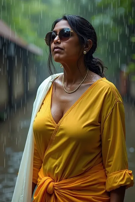 Photo of Hot Indian Mature Aunty with Dark skin , Body Wet In Rain, Wearing Tight yellow Kurti and White stole tied around her neck, U Cut Cleavage, Hair tied behind, Bra visible. Stylish sunglasses ,