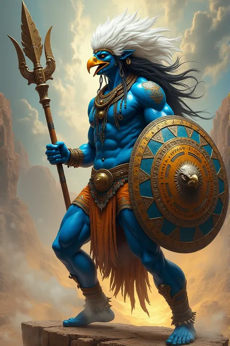 Draw Huitzilopochtli his blue body, the face of Shiva with a stone shield from the sun, Maya Tonatiuh in the front of the shield and in the other hand a spear with a trident of Shiva on the tip, that Huitzilopochtli has a hat with the head of a white eagle...