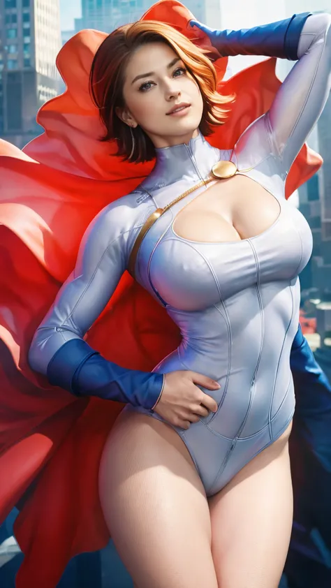 1 woman, japanese actress matsumoto wakana , power girl,  dc comics hero , 彼女は詳細なpower girlのコスチュームを着ている, 詳細なdcコミックスのヒロインのpower g...