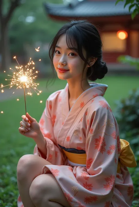 Japanese Beautiful young 1woman, wearing a yukata with slit, Close up her face, squatting and sparklers, real photo, Black hair, beautiful legs, wearing geta, Smiling, In the temple garden, v-neck