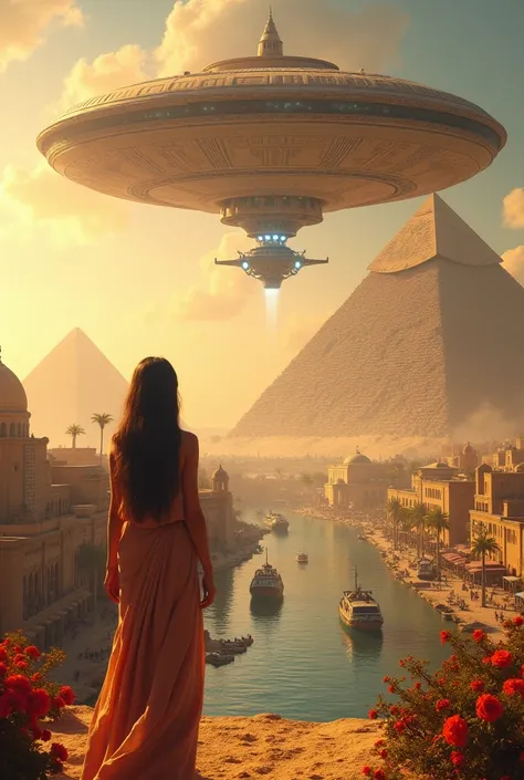 (1 woman)  Best quality , 4k, 8K,  High resolution,  masterpiece: 1.2, ultra detallado, realistic: 1.37,  prominent sunlight in the sky ,   vibrant colors ,  dynamic composition , iconic pyramids ,  The brilliant Nile River ,  ships along the river , Bustl...