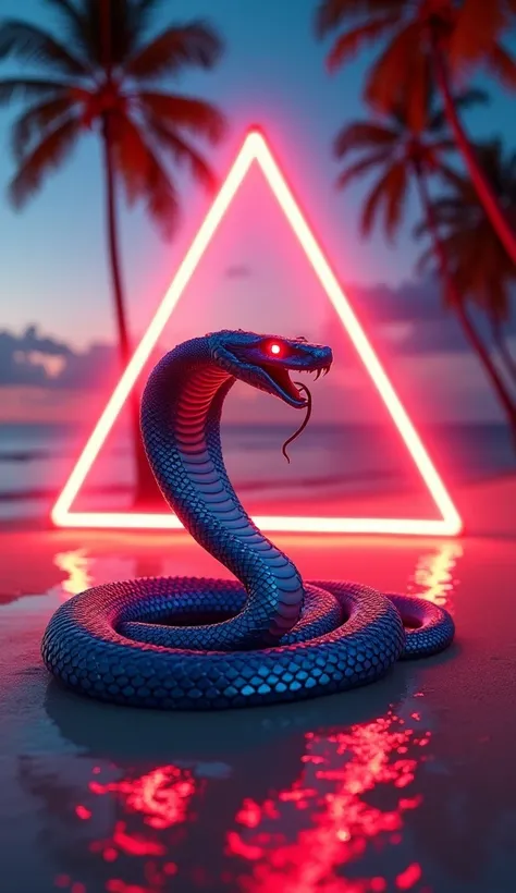 "Create a visually striking digital artwork of a venomous cobra with an iridescent blue and red gradient body coiled near a glowing, neon-red triangular structure. The setting is a tropical beach at sunset, with palm trees framing the scene and a calm ocea...