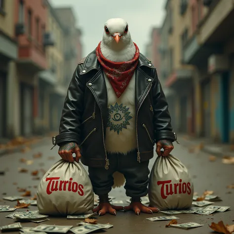 A dove wearing gang members clothing and tattooed carrying bags of money that say TURCIOS