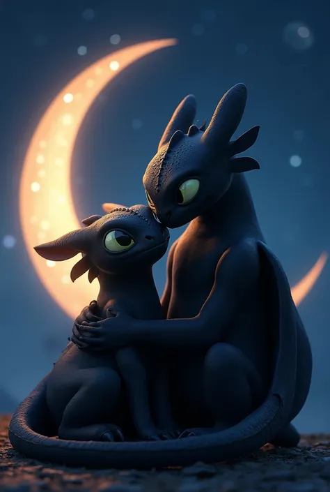 Toothless cuddles with crescent moon 
