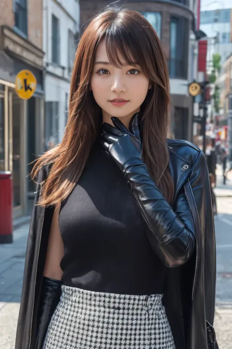 (8k, RAW Photo, Highest Quality, High Resolution:1.1), (ultra-realistic:1.4),(Realistic, Realistic:1.3),Japanese Beauty, Outdoors, A girl wearing an elegant dark violet long coat, a knit top and a houndstooth mini skirt, pumps,((Upper Body Position Street ...