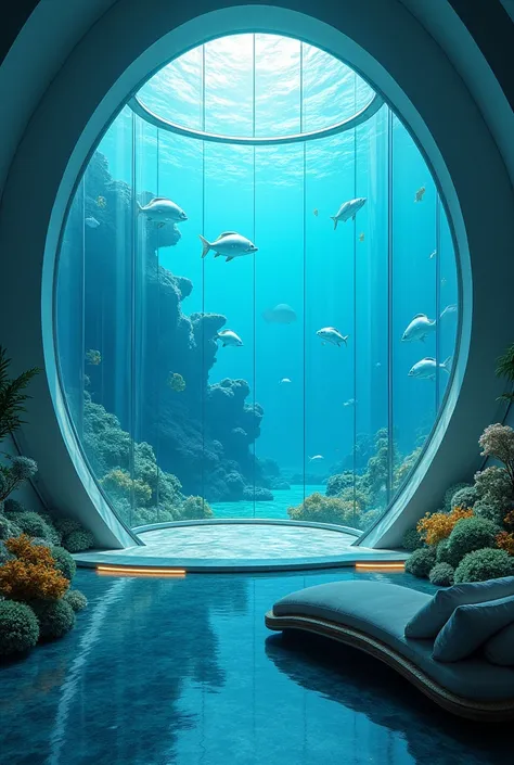 An interior view of a futuristic underwater living space, featuring sleek, modern furniture, large panoramic windows showing ocean views, and advanced life-support systems. The walls are made of transparent materials, allowing residents to look out into th...