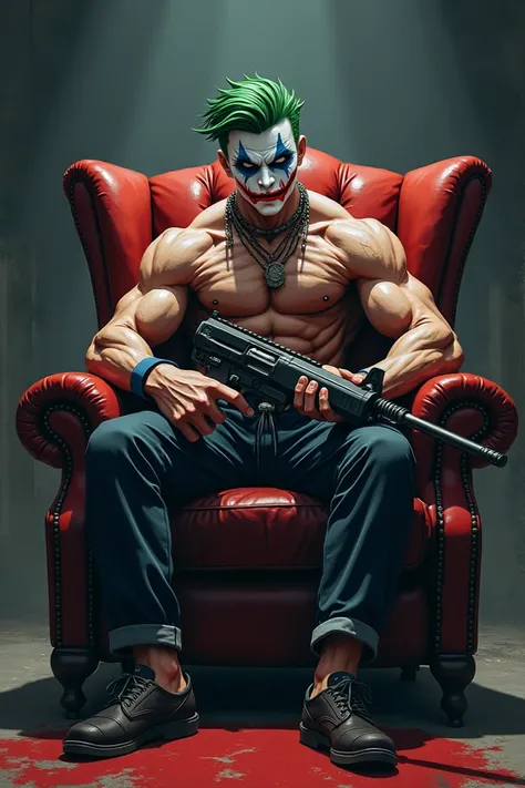 A boy 15 to  old with gangster type heavy background and sitting in a chair with gangster type heavy gun and heavy hair and a face joker type face mask and gym type body and a fighting background and anime image 