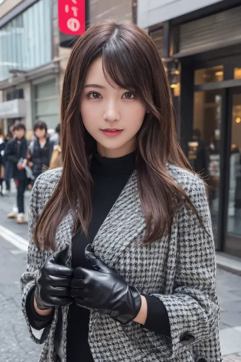 (8k, RAW Photo, Highest Quality, High Resolution:1.1), (ultra-realistic:1.4),(Realistic, Realistic:1.3),Japanese Beauty, Outdoors, A girl wearing an elegant dark violet long coat, a knit top and a houndstooth mini skirt, pumps,((Upper Body Position Street ...