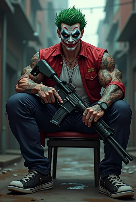 A boy 15 to  old with gangster type heavy background and sitting in a chair with gangster type heavy gun and heavy hair and a face joker type face mask and gym type body and a fighting background and anime image 