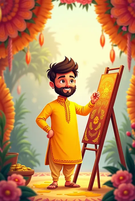 Haldi Ceremony Decoration Background A cartoon groom wear yellow kurta and stand by side of stand board 