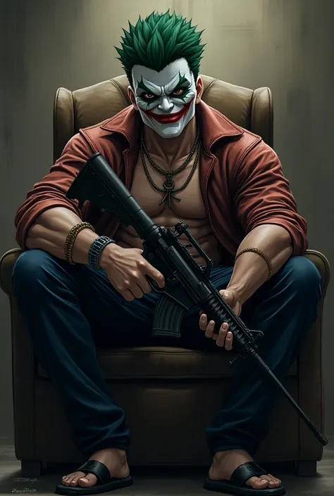 A boy 15 to  old with gangster type heavy background and sitting in a chair with gangster type heavy gun and heavy hair and a face joker type face mask and gym type body and a fighting background and anime image 