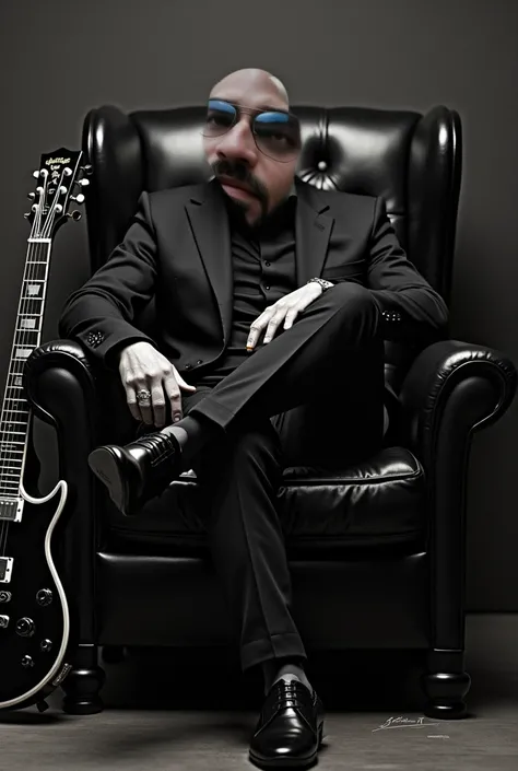 A band poster showing a bald singer wearing black sun glasses, sitting in a leather arm chair with a cigar in his hand and a guitar next to the chair. The bands name is " Critically Yours" the songs name is " Stay Tuned" 