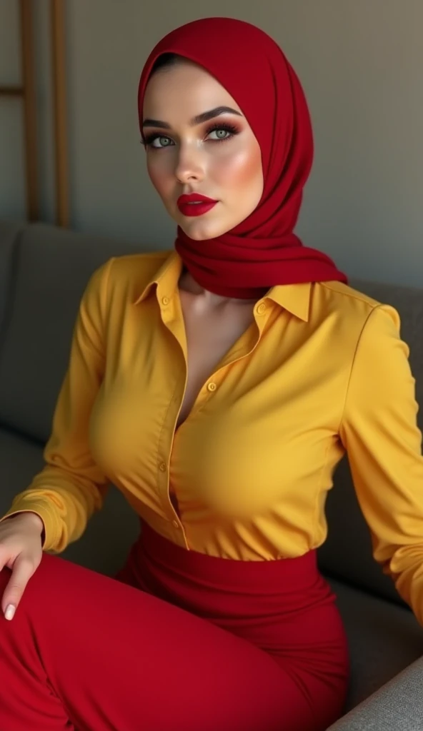 Photorealistic hijabi woman, ((smooth skin)), ((pale skin)), smooth legs, thick legs, red lipstick, long eyelashes, pursed lips, perfect lips, volumy lips, smokey eyeshadow, wide hips, wearing yellow ((tight shirt)), wearing smooth tight red skirt, shirt t...