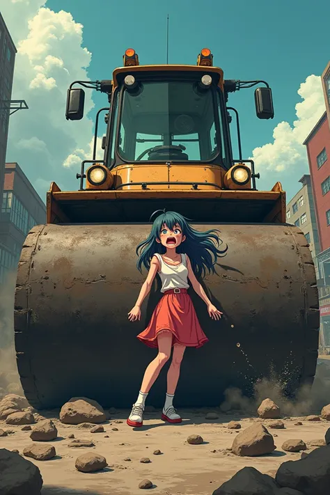 Anime girl squished by steamroller 