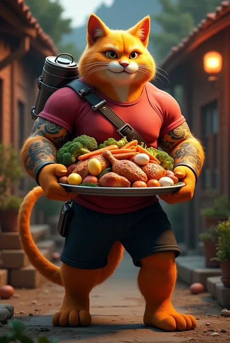 In cinematic 3D style ,HD image, realistic image, colourful image. 
Character, a muscular orange Johnny big cat wearing red t-shirt black shots,has a lot of tattoos on his hand.
Action,Johnny Cat has a very big plate in his hand, it has chicken, carrots, 1...