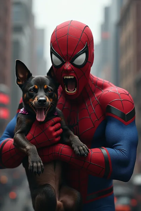 Spiderman screams holding a dog