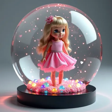  art in plexiglass. Clear round plexiglass, black base. In the plexiglass there is a cute  doll, wearing a pink skirt dress, the plush floor is decorated with multicolored stones, with shimmering star scales, realistic texture.,  High Definition Model ,  3...