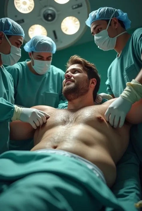 A realistic close-up shot of the armpit of an injured unconscious sweaty beefy buff slightly fat shirtless young handsome caucasian male teen on a surgical table inside an operating room. His large beefy arms lay open to opposite sides, revealing his hairy...