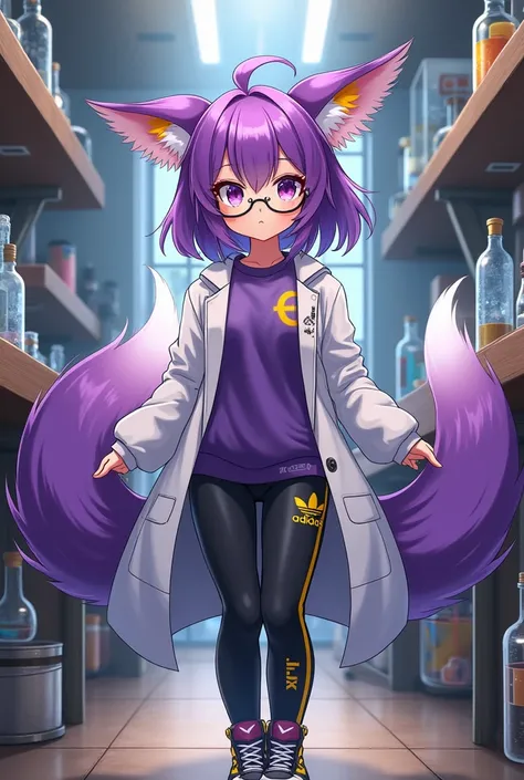 Purple-haired young woman with yellow details with purple fox ears with yellow details 2 purple tails with yellow details with purple eyes with yellow details with white scientist coat with purple sweatshirt with yellow details from Nike with Nike Jordan s...