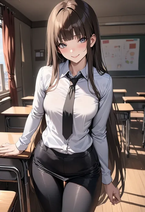 ((masterpiece,best quality anime,Highest quality:1.3)),realistic,cowboy shot,portrait,1 bueatiful woman,solo, Teacher,((very small head:1.4)),((very long body:1.4)),(((very straight long hair))),dark brown hair,bangs,gorgeous cute eyes,gray eyes,((slender ...