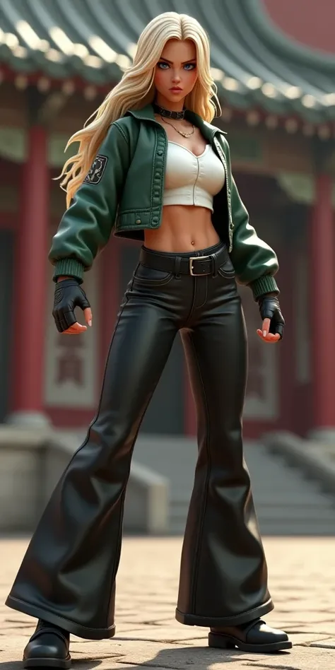 Create a detailed visual description of a 3D video game-style angry, serious, and screaming character inspired by Sonya Blade from Mortal Kombat. She should have a beautiful face characterized by long eyelashes and cute blue eyes, complemented by expertly ...