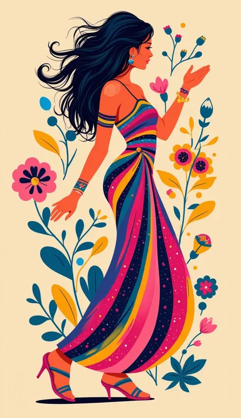 Create a vibrant 70s disco-inspired artwork featuring a feminine figure standing gracefully. The piece should embody groovy and trippy aesthetics, with hallucinatory, hypnotic patterns that evoke a sense of euphoria. Incorporate abstract, fluid shapes alon...