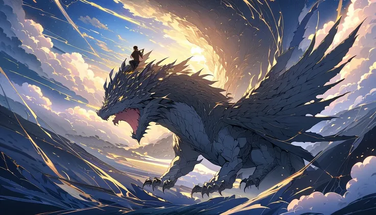 Anime style, fantasy, adventure. A black-haired man, clearly visible and realistically sized, is sitting astride a dragon approximately 5 meters long. The dragon has a muscular build with large, fully spread wings mid-flight. The man grips the dragons neck...